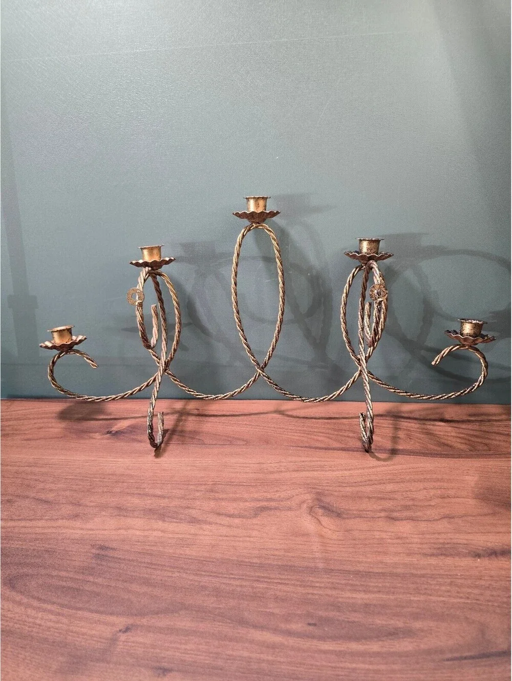 Vintage Five-Arm Gold Metal Wall Candelabra Candle Holder